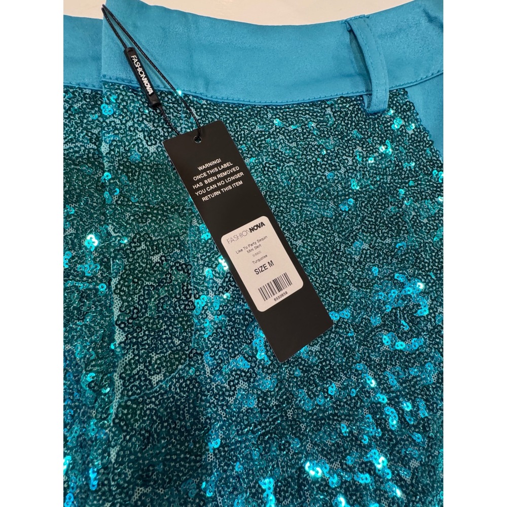 Fashion Nova Like To Party Sequin Mini Skirt Turquoise Blue Sparkly Size M NEW - Picture 2 of 12